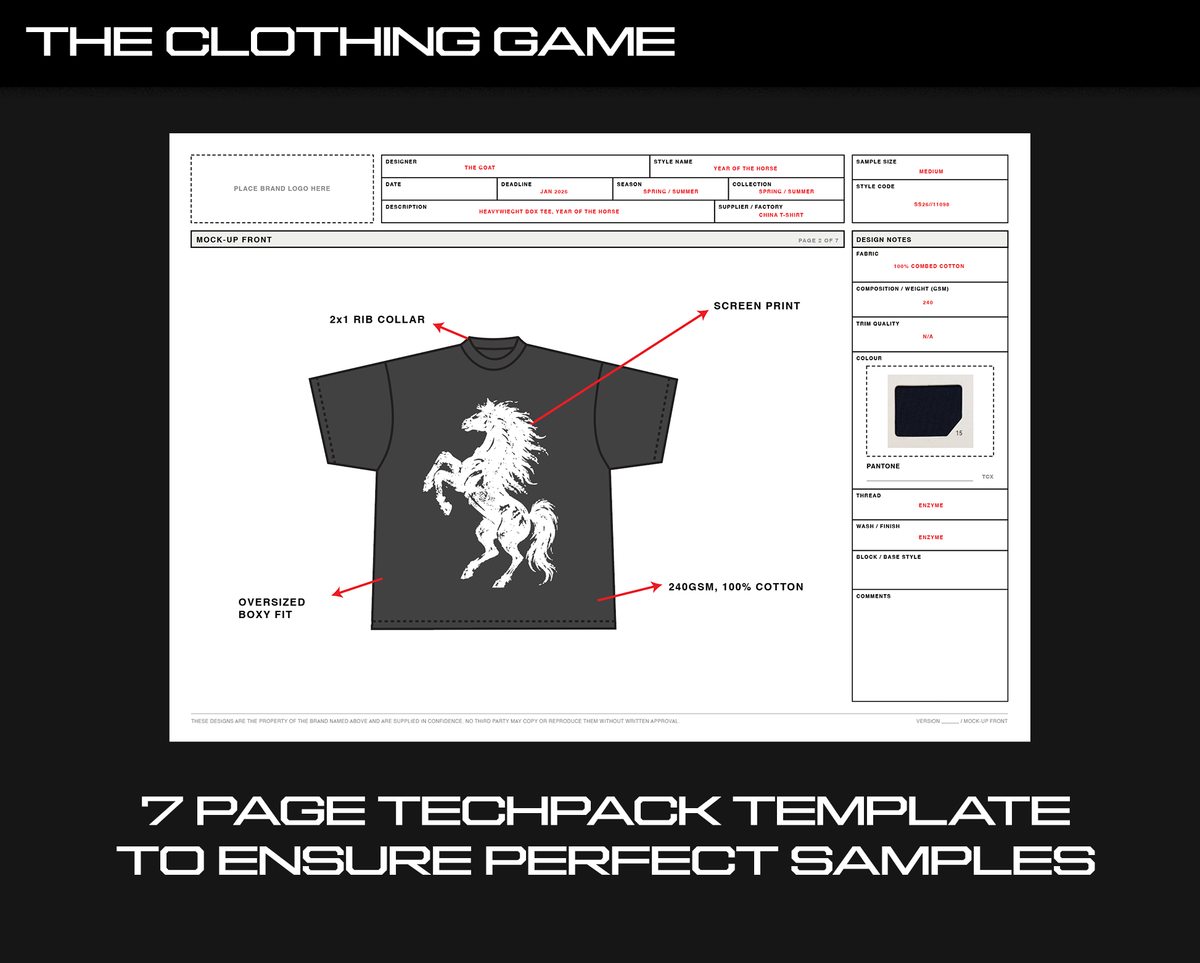 Editable tech pack template for clothing brands. Fill in flats, measurements, fabric and trims, then send it straight to your factory. Instant download. Compatible with Adobe Illustrator, Photoshop, Procreate, Canva, Photopea, Vectorpea, Kittl, Gimp, Affinity, and any software that supports PNG or .AI files